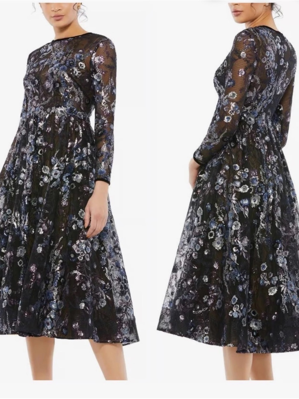 Mac Duggal Embellished Illusion Long Sleeve Midi Dress Size 2 Sequin Beaded